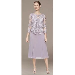 Alex Evenings Petite Tea Length Lace Chiffon A-Line Jacket Dress 12P Wedding